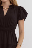 Bubble Sleeve V-Neck Tiered Dress, Black