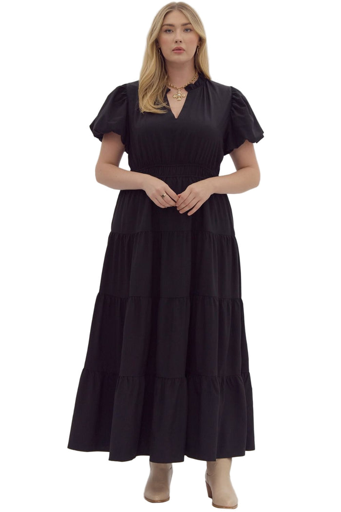Bubble Sleeve V-Neck Tiered Dress, Black