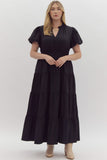 Bubble Sleeve V-Neck Tiered Dress, Black