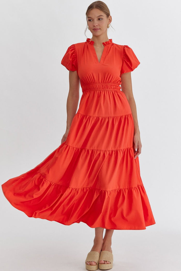 Entro Usa Bubble Sleeve V-neck Tiered Midi Dress