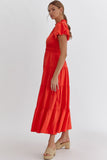 Bubble Sleeve V-Neck Tiered Dress, Red