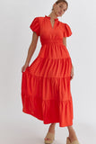 Bubble Sleeve V-Neck Tiered Dress, Red