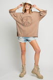 Floral Peace Sign Mineral Washed Terry Top, Mocha