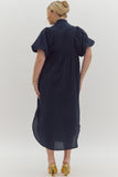 Textured Puff Sleeve Midi Dress, Navy