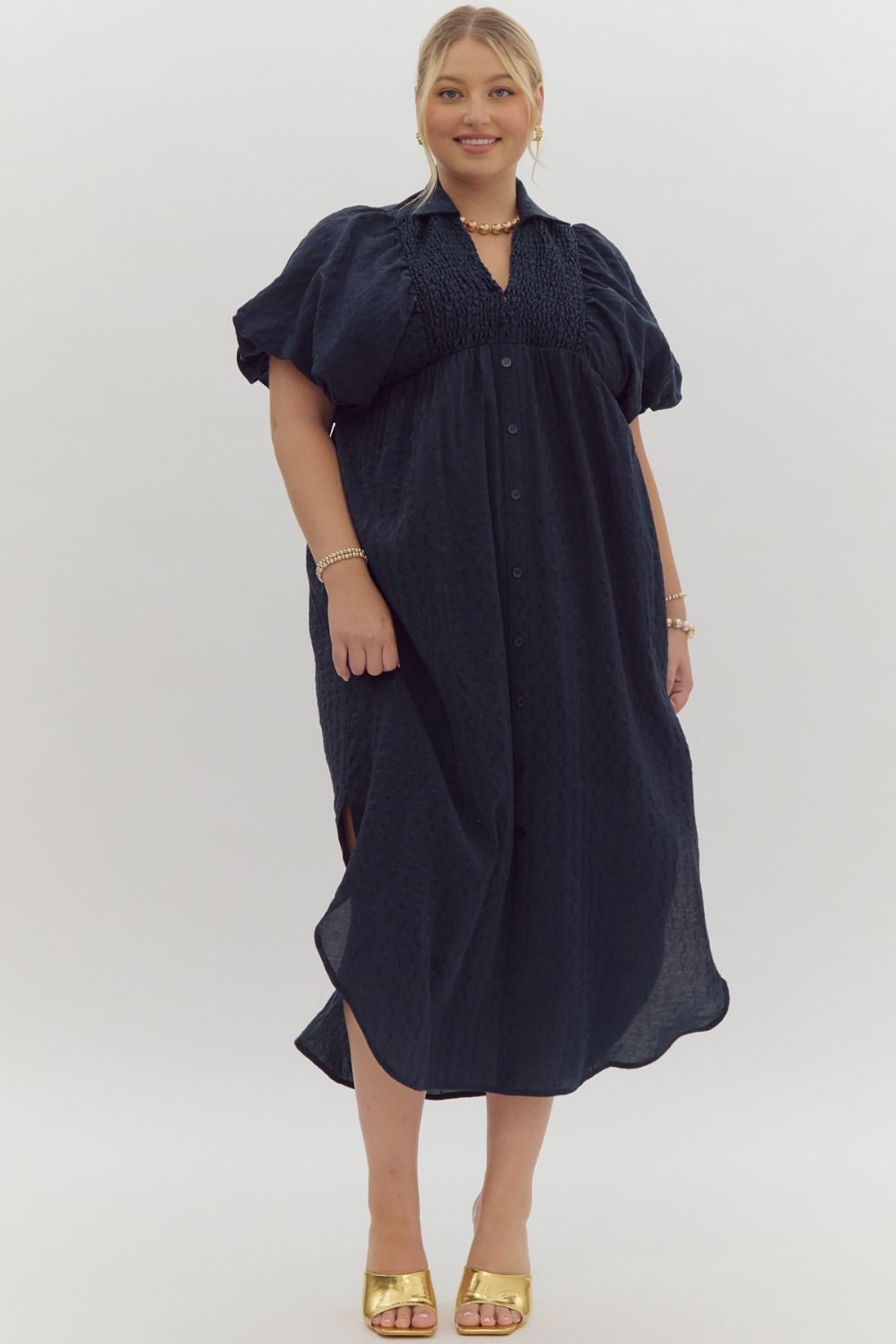 navy puff sleeve midi dress Puff Sleeve Split Neck Navy Midi Dress