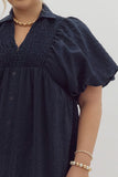 Textured Puff Sleeve Midi Dress, Navy