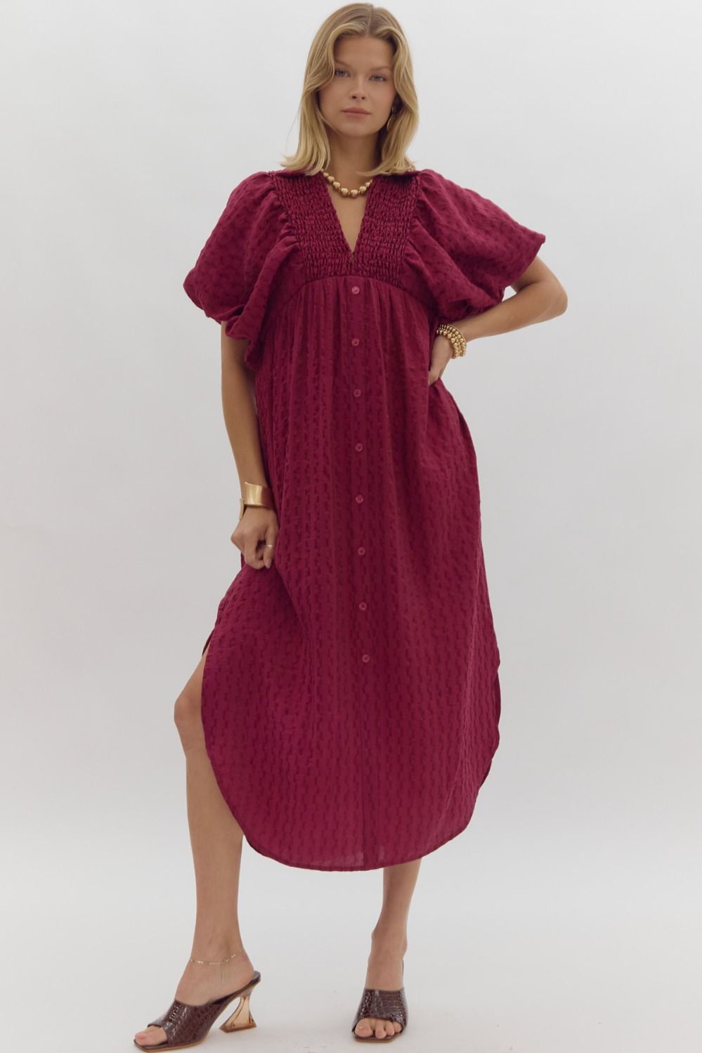 Textured Puff Sleeve Midi Dresses - Entro Textured Puff Sleeve Midi Dresses - Entro