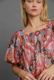 Abstract Square Neck Smocked Blouse, Pink