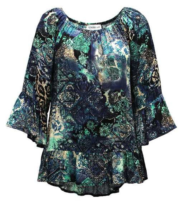 Floral Print Bohemian Top, Teal & Navy