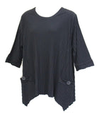Asymmetrical Textured Rib Knit Cotton Top, Black
