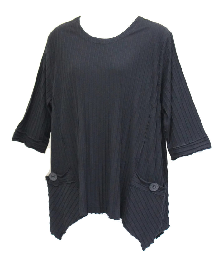 Asymmetrical Textured Rib Knit Cotton Top, Black