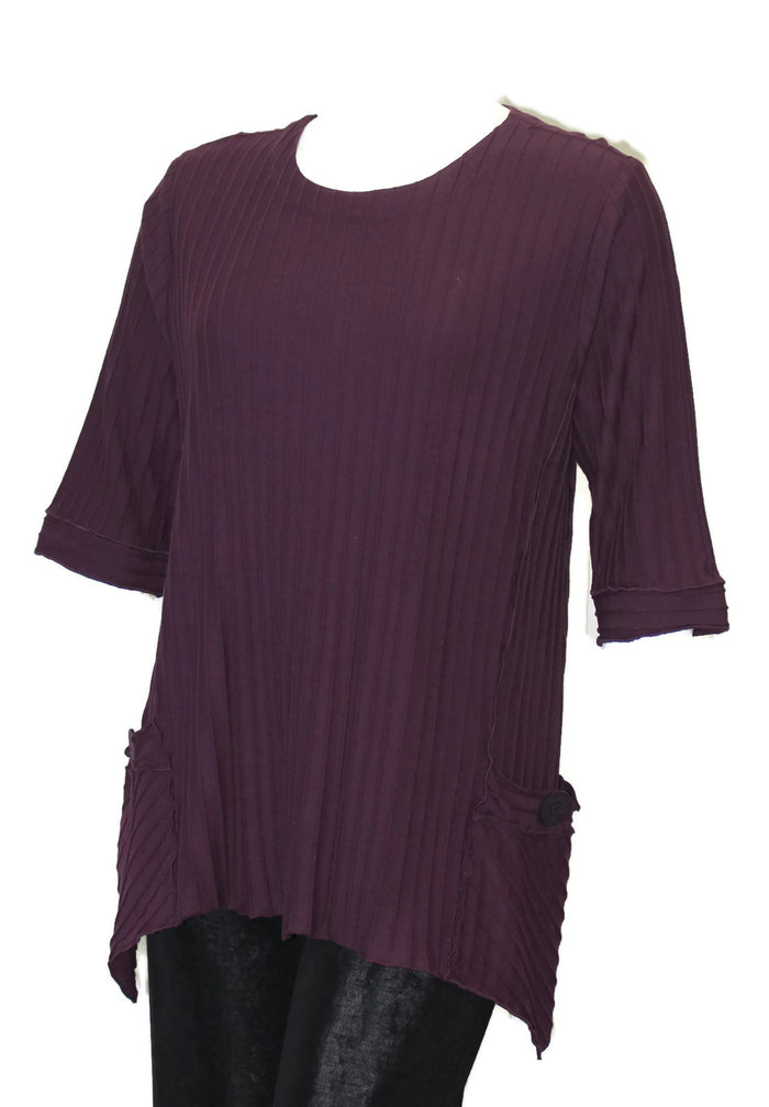 Asymmetrical Textured Rib Knit Cotton Top, Purple