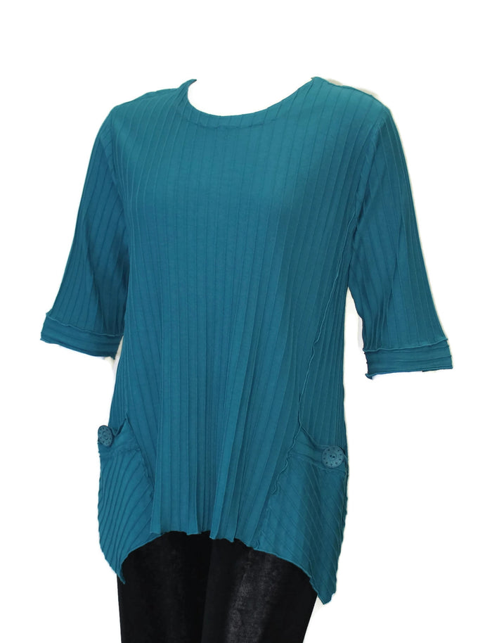 Asymmetrical Textured Rib Knit Cotton Top, Teal