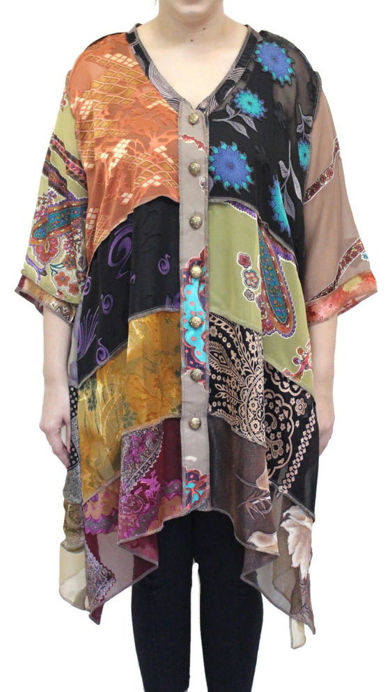 Colorful patterned shirt worn by a mannequin on a white background