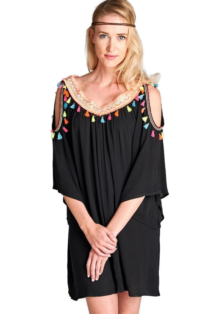 Tassel Cold Shoulder Short Dress, Black