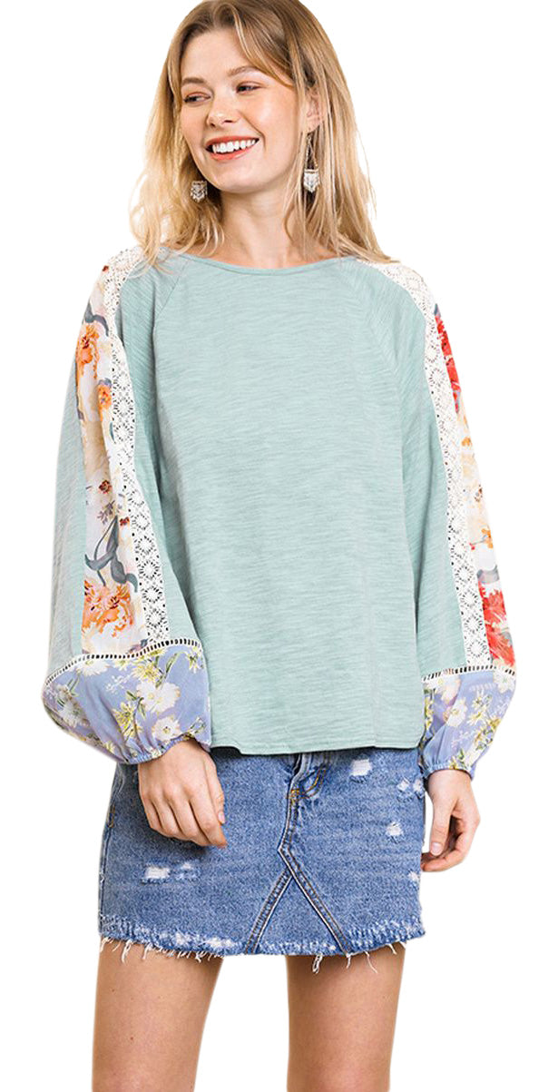 Sheer Floral Puff Sleeve Knit Top, Mint