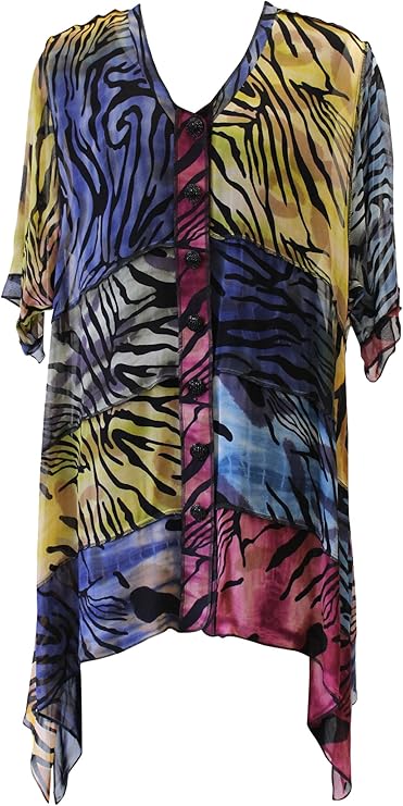 Colorful patterned dress with zebra and abstract designs on a plain background