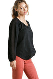 Contrast Knit Puff Sleeve Top, Black