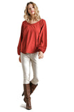 Contrast Knit Puff Sleeve Top, Brick