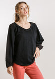 Contrast Knit Puff Sleeve Top, Black