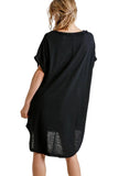 Folded Sleeve Frayed Edge Dress, Black