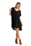 Folded Sleeve Frayed Edge Dress, Black