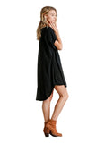 Folded Sleeve Frayed Edge Dress, Black