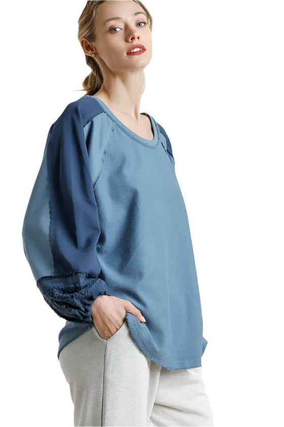 UMGEE Crochet Puff Sleeve Top, Denim