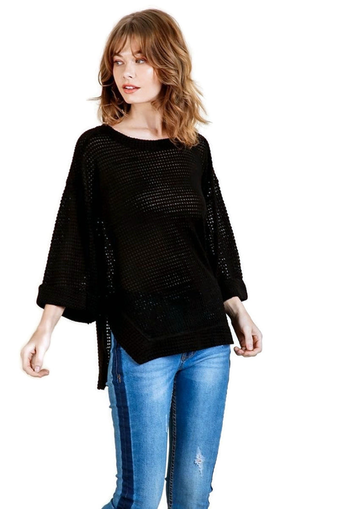 umgee High Low 3/4 Sleeve Waffle Knit Top, Black