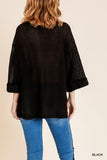 High Low 3/4 Sleeve Waffle Knit Top, Black