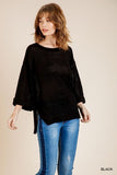 High Low 3/4 Sleeve Waffle Knit Top, Black