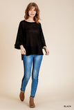 High Low 3/4 Sleeve Waffle Knit Top, Black