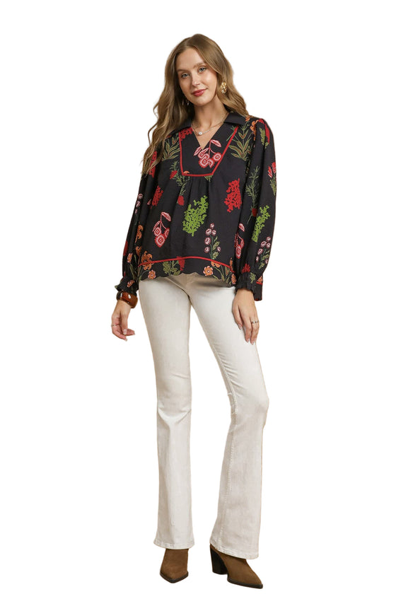 Floral Textured Top, Black