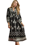 Mixed Print V-Neck Midi Dress, Black