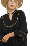 Leopard Trim Smocked Yoke Maxi Dress, Black