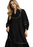 Leopard Trim Smocked Yoke Maxi Dress, Black