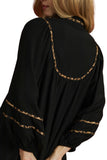 Leopard Trim Smocked Yoke Maxi Dress, Black