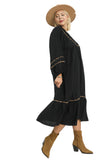 Leopard Trim Smocked Yoke Maxi Dress, Black