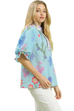 Floral Scallop Trim Blouse, Seafoam