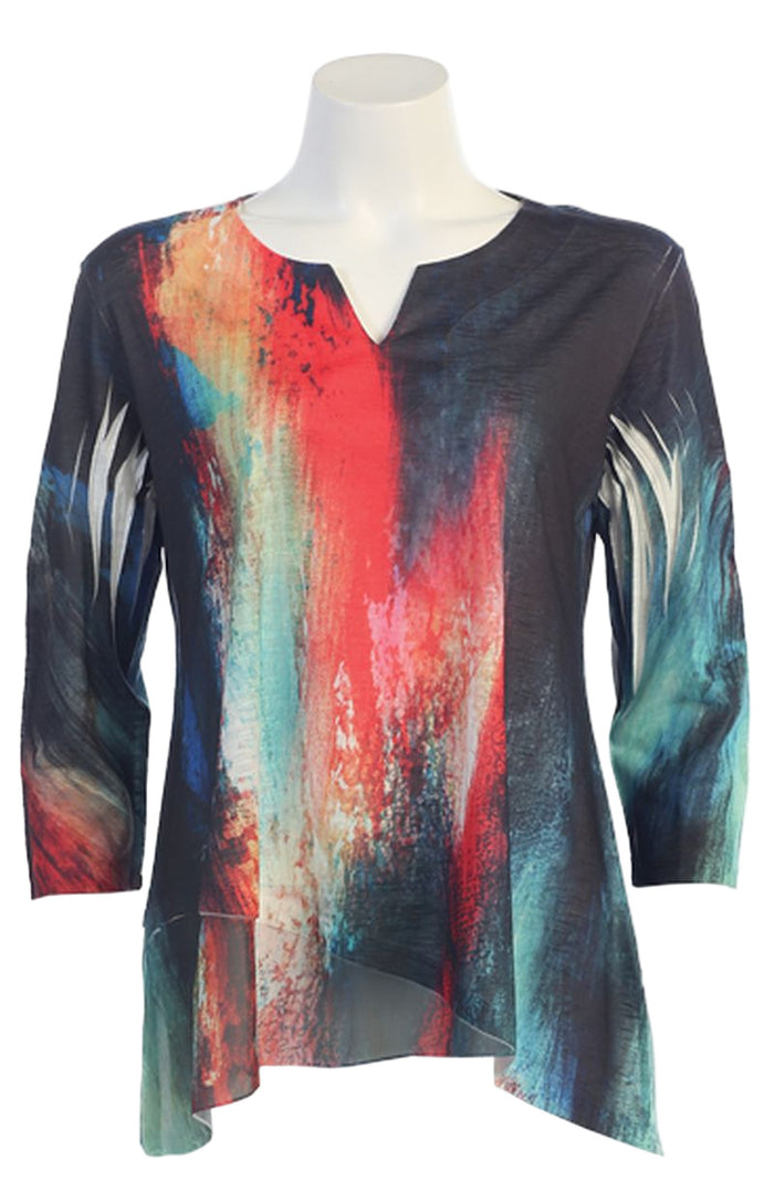 Colorful abstract-patterned shirt on a mannequin against a white background