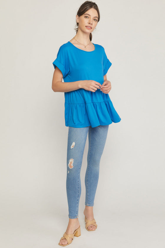 Round Neck Short Sleeve Tiered Tunic, Blue