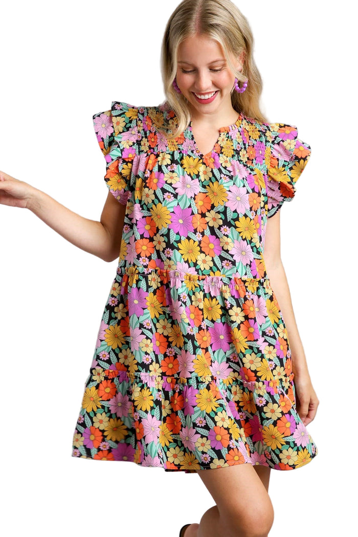 umgee usa Floral Double Layered Ruffle Sleeve Dress