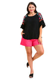 Embroidered Bell Sleeve Top, Black