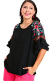 Embroidered Bell Sleeve Top, Black