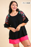 Embroidered Bell Sleeve Top, Black