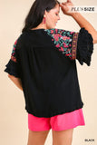 Embroidered Bell Sleeve Top, Black