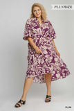 Two Tone Floral Print Midi Dress, Plum