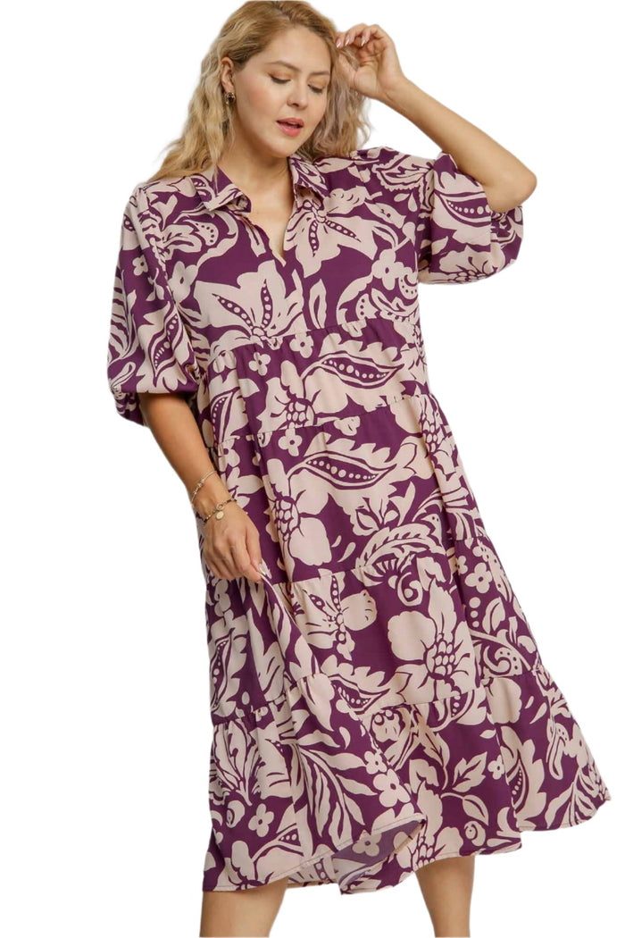 Umgee Two Tone Floral Print A-Line Midi Dress, Plum