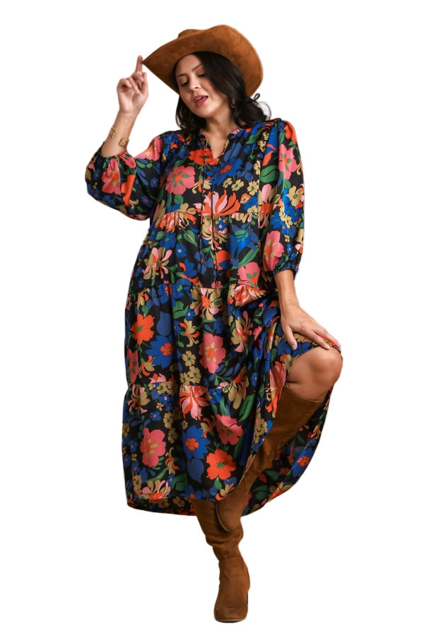 Floral Babydoll Print Midi Dresses - Umgee Floral Babydoll Print Midi Dresses - Umgee