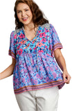 Mixed Floral Print Bohemian Top, Periwinkle